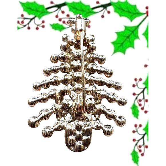 Rhinestone Christmas Tree Brooch Pin New Aurora Borealis Red Green Flow… - Picture 9 of 9